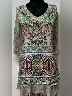V Christina Aztec Print Boho Mini Lightweight Knit Dress, Sz: M